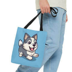 A Cute Kawaii Siberian Husky on a Blue Background Tote Bag