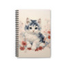 Cute Cat Surrounded by Red and White Flowers - Spiral Notebook - Ruled Line, 8" x 6"