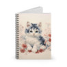 Cute Cat Surrounded by Red and White Flowers - Spiral Notebook - Ruled Line, 8" x 6"