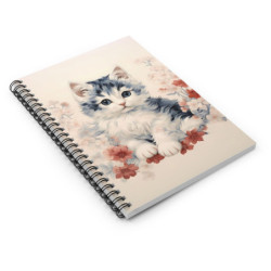 Cute Cat Surrounded by Red and White Flowers - Spiral Notebook - Ruled Line, 8" x 6"