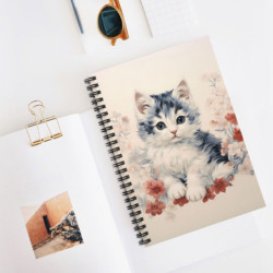 Cute Cat Surrounded by Red and White Flowers - Spiral Notebook - Ruled Line, 8" x 6"