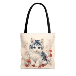 Cute Cat Surrounded by Red and White Flowers - Tote Bag