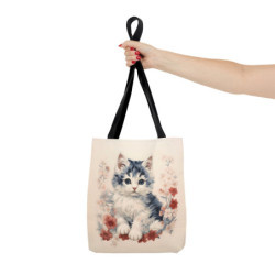 Cute Cat Surrounded by Red and White Flowers - Tote Bag