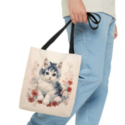 Cute Cat Surrounded by Red and White Flowers - Tote Bag