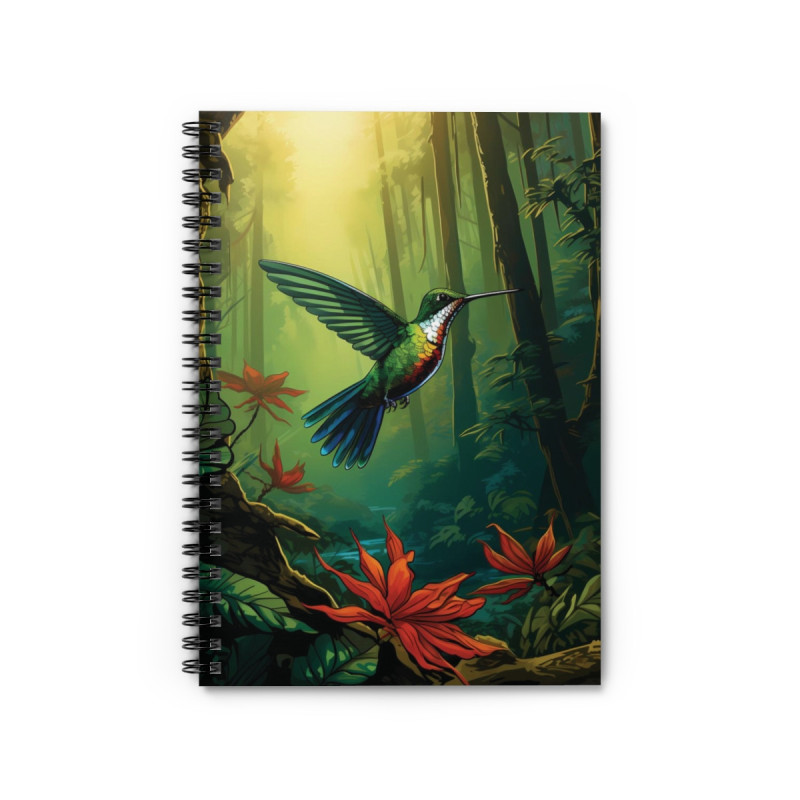 Vibrant Hummingbird Flying In The Forest- Spiral Notebook - Ruled Line, 8" x 6"