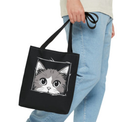 White and Grey Cute Cartoon Cat Peeking out of a Tote Bag