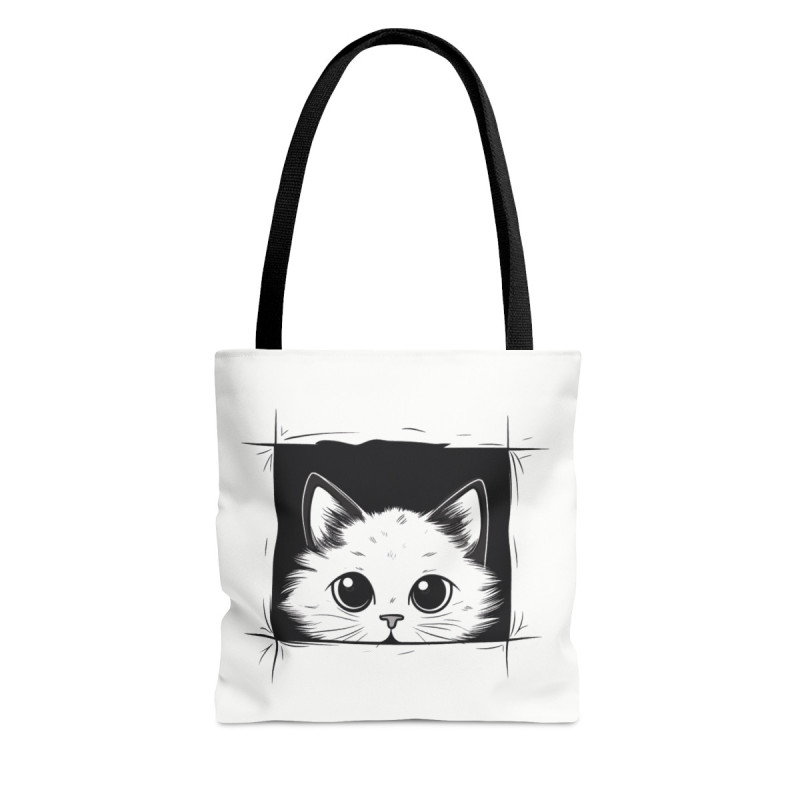 Cute Cartoon White Cat Peeking Out of a Tote Bag