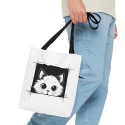 Cute Cartoon White Cat Peeking Out of a Tote Bag