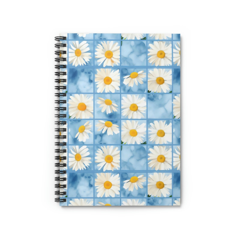 Summer Daisies on a Blue Tiled Background  Spiral Notebook - Ruled Line, 8" x 6"