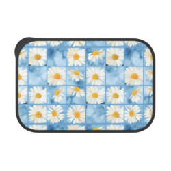 Summer Daisies on a Blue Squared Tile Background Eco-Friendly Bento Box with Band and Utensils