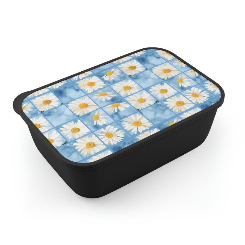 Summer Daisies on a Blue Squared Tile Background Eco-Friendly Bento Box with Band and Utensils