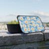 Summer Daisies on a Blue Squared Tile Background Eco-Friendly Bento Box with Band and Utensils