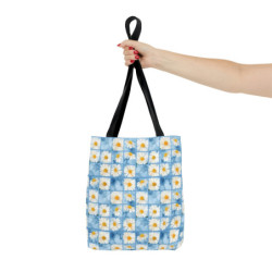 Summer Daisies on a Blue Square Tiled Background Pattern Tote Bag