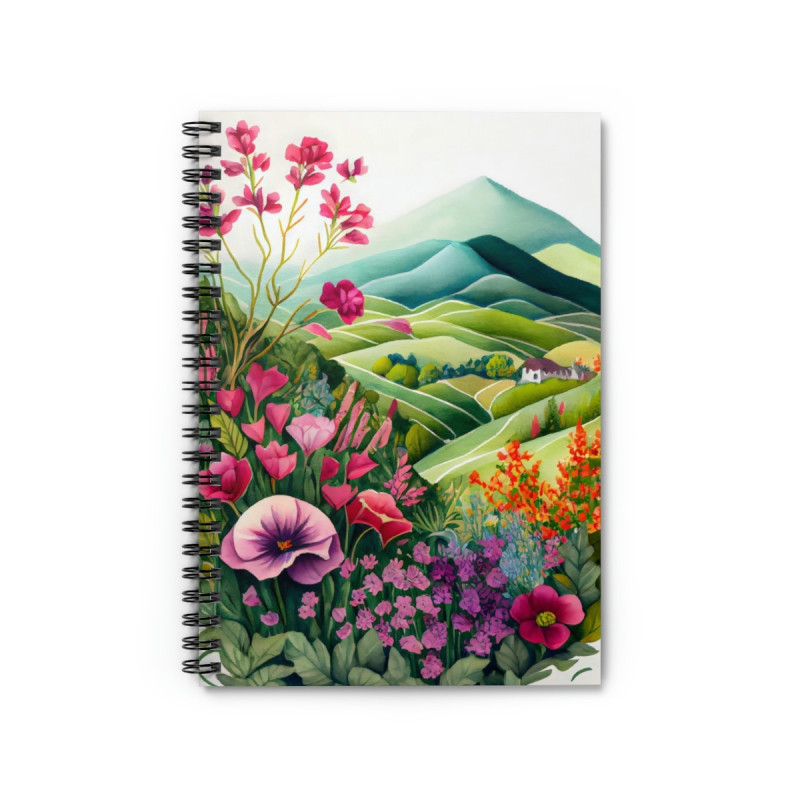 Hills and Flowers Whimsical Landscape Spring Design, Spiral Notebook - Ruled Line, 8" x 6"