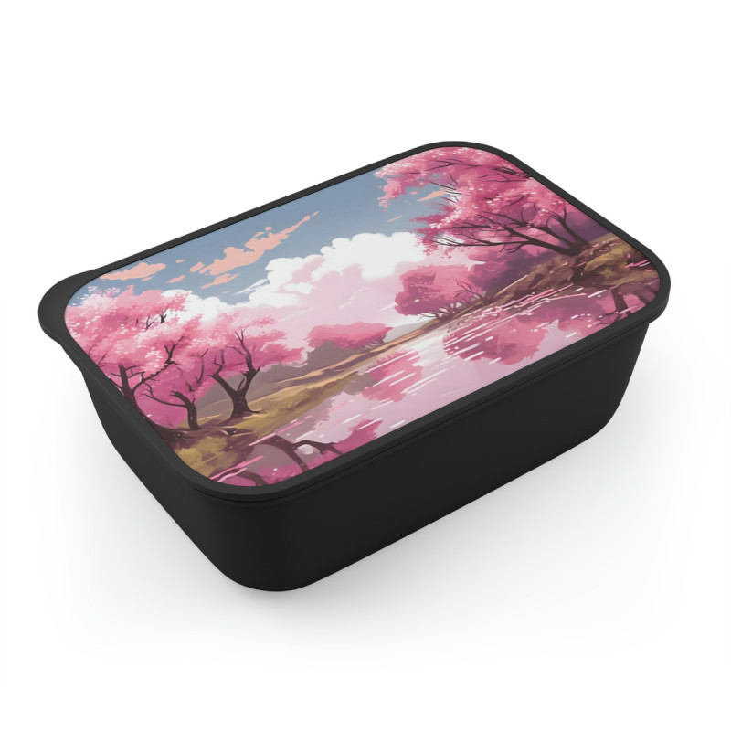 Riverside Cherry Blossom Trees Landscape Design Eco-Friendly Bento Box with Band and Utensils