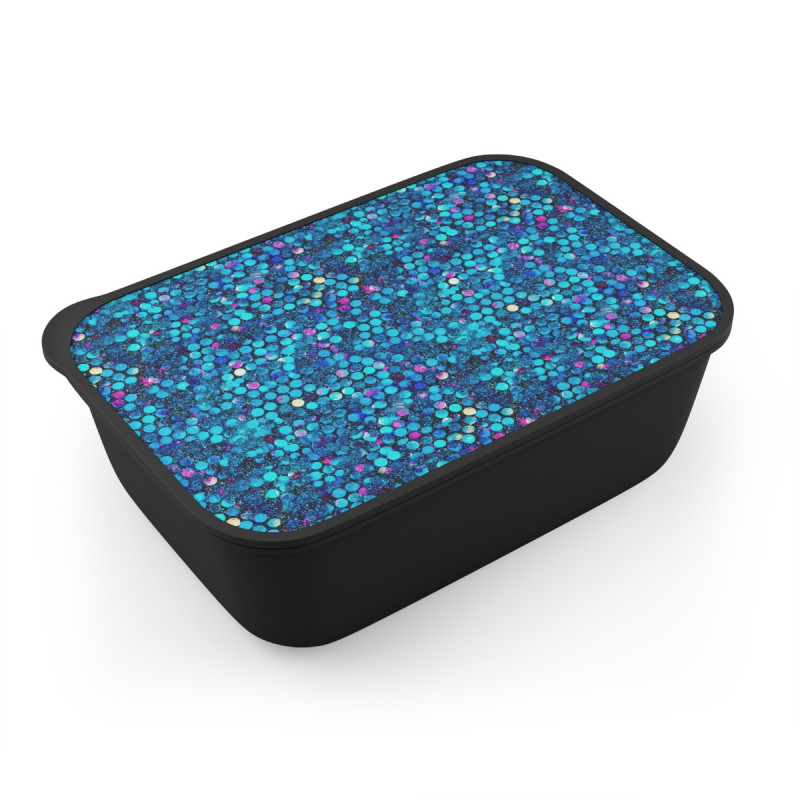 Glitter Style Aqua and Purple Pattern Bento Box with Band and Utensils