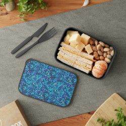 Glitter Style Aqua and Purple Pattern Bento Box with Band and Utensils