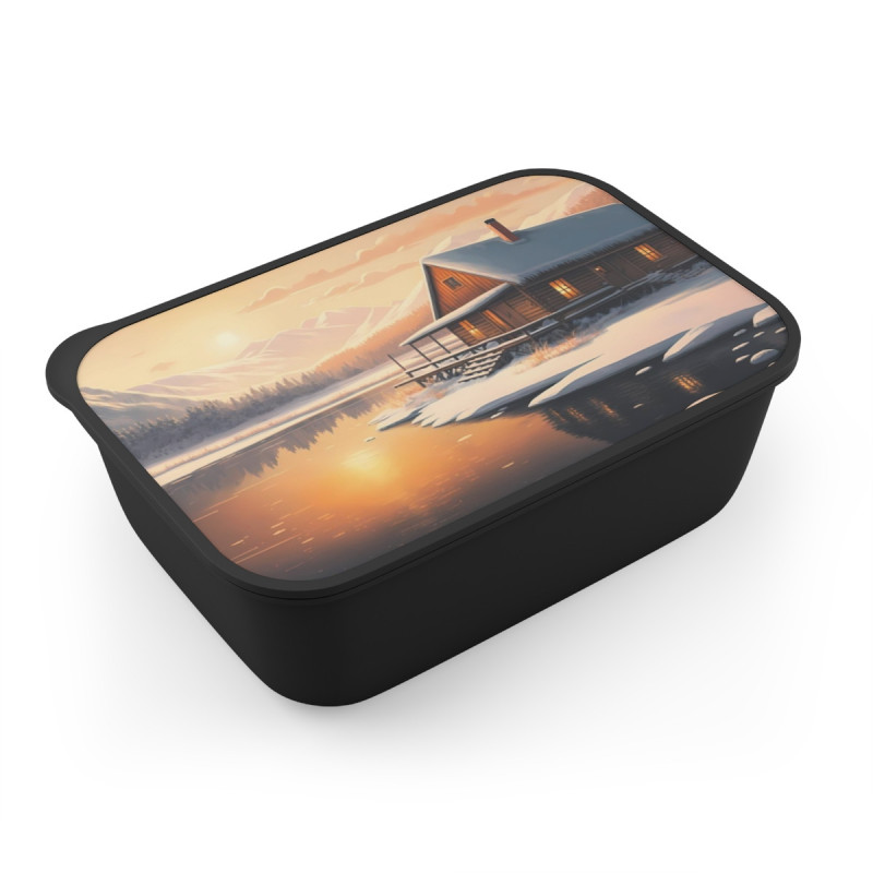 Cabin By A Frozen Lake, Winter Landscape Design Eco-Friendly Bento Box with Band and Utensils