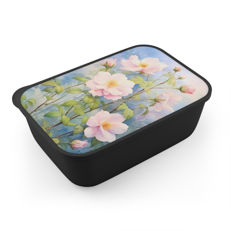 Pink Wild Roses Eco-Friendly Bento Box with Band and Utensils