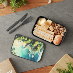 Beach and Sea Whimsical Landscape Summer Design Eco-Friendly Bento Box with Band and Utensils
