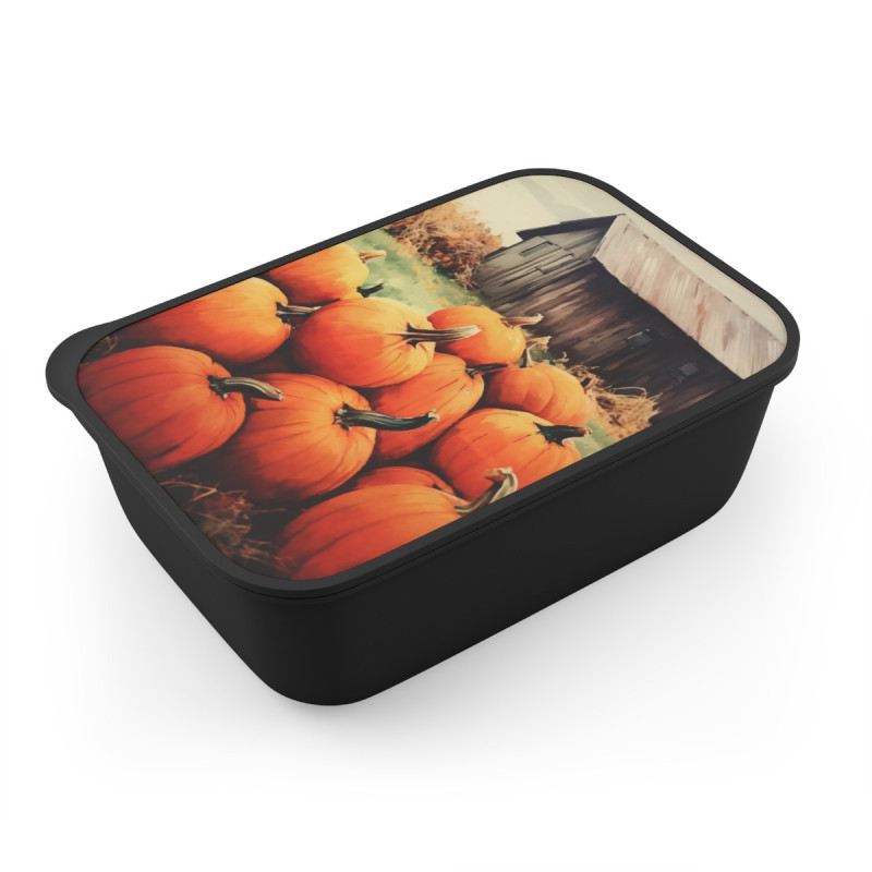 Fall Pumpkins and A Country Barn  Eco-Friendly Bento Box with Band and Utensils