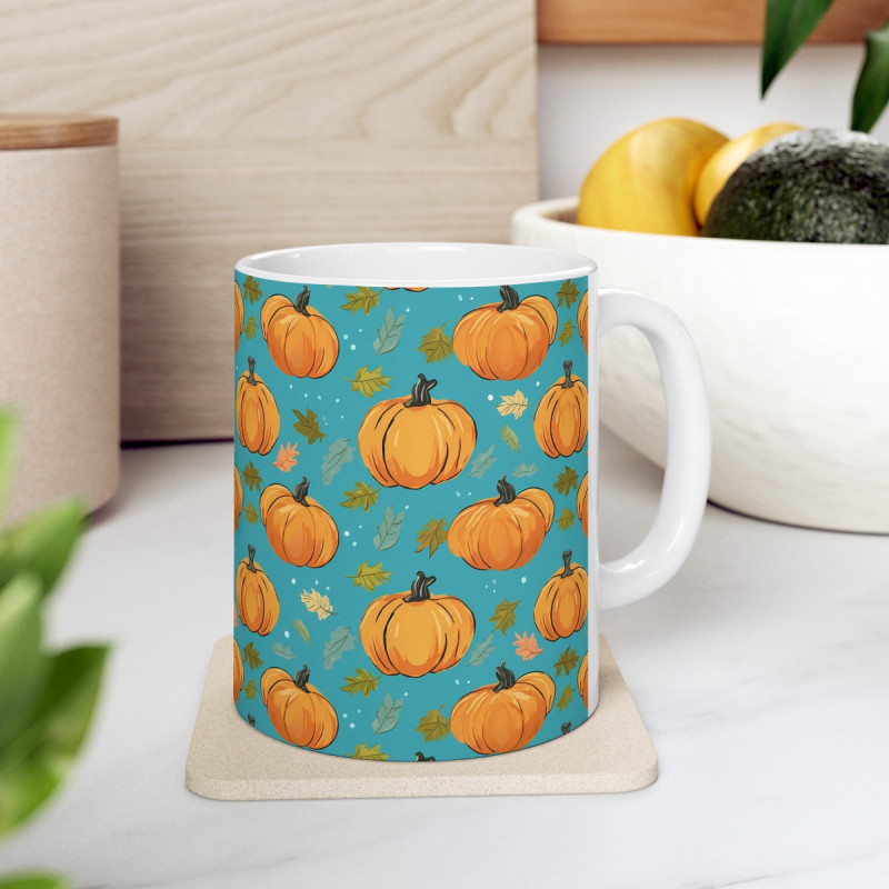 Pumpkins and Fall Leaves Pattern Ceramic Mug 11oz