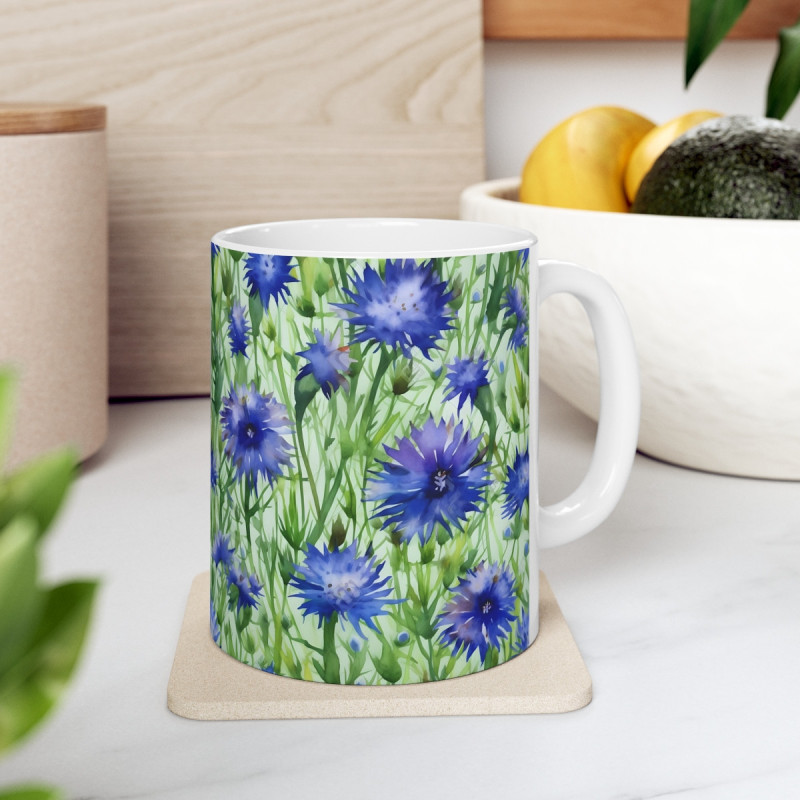 Blue Cornflowers Pattern Ceramic Mug 11oz