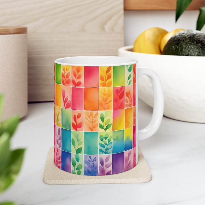 Rainbow Leaves Tiled Pattern Ceramic Mug 11oz