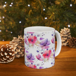 Purple and Pink Flower Pattern Ceramic Mug 11oz