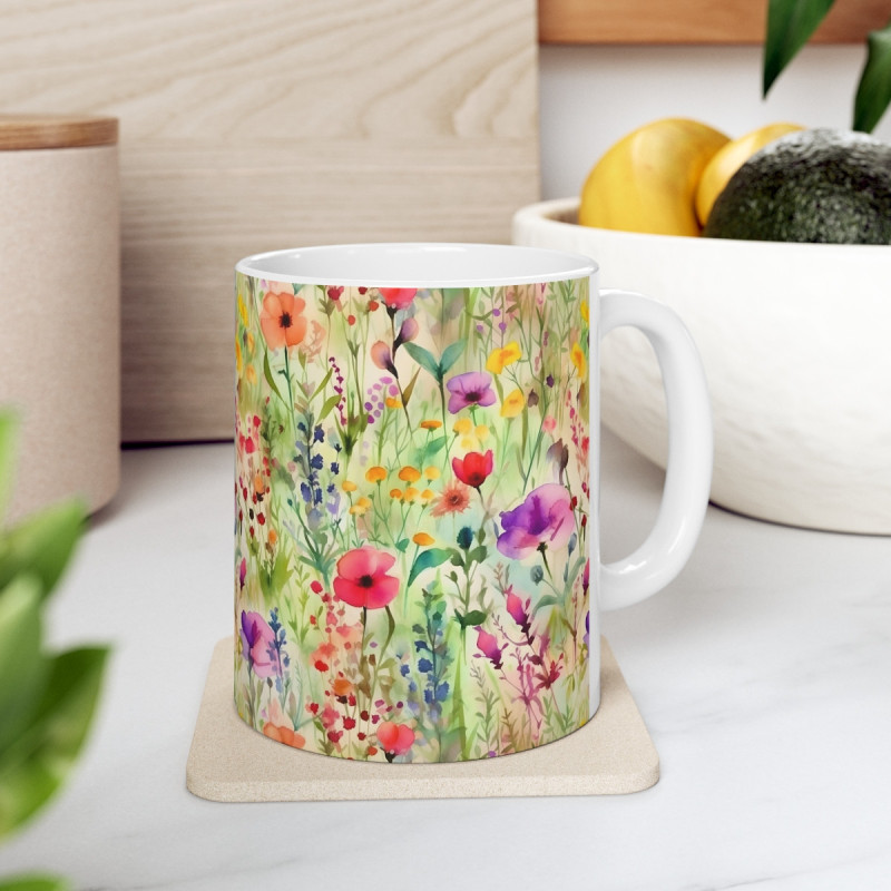 Rainbow Colored Wild Flowers Pattern Ceramic Mug 11oz