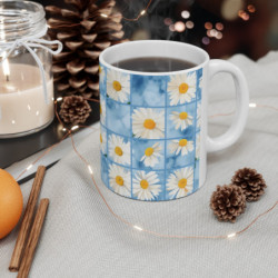 Summer Daisies on a Blue Square Tiled Background Pattern Ceramic Mug 11oz