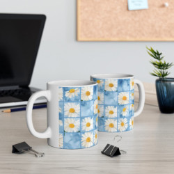 Summer Daisies on a Blue Square Tiled Background Pattern Ceramic Mug 11oz