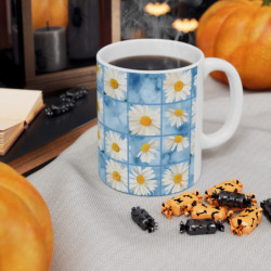 Summer Daisies on a Blue Square Tiled Background Pattern Ceramic Mug 11oz