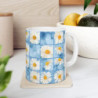 Summer Daisies on a Blue Square Tiled Background Pattern Ceramic Mug 11oz