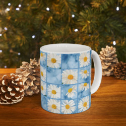 Summer Daisies on a Blue Square Tiled Background Pattern Ceramic Mug 11oz