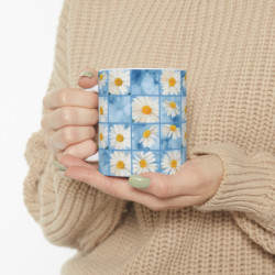 Summer Daisies on a Blue Square Tiled Background Pattern Ceramic Mug 11oz