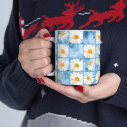 Summer Daisies on a Blue Square Tiled Background Pattern Ceramic Mug 11oz