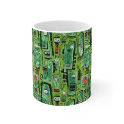 Abstract Green Tribal Heads Pattern Ceramic Mug 11oz