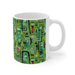 Abstract Green Tribal Heads Pattern Ceramic Mug 11oz