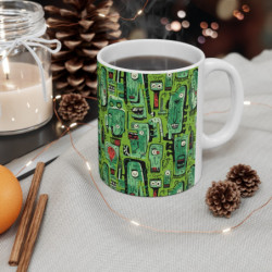 Abstract Green Tribal Heads Pattern Ceramic Mug 11oz