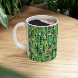 Abstract Green Tribal Heads Pattern Ceramic Mug 11oz