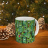 Abstract Green Tribal Heads Pattern Ceramic Mug 11oz