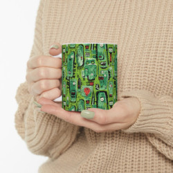 Abstract Green Tribal Heads Pattern Ceramic Mug 11oz