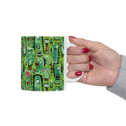 Abstract Green Tribal Heads Pattern Ceramic Mug 11oz