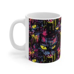 Freaky Neon Halloween Cat Pattern Ceramic Mug 11oz