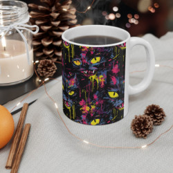 Freaky Neon Halloween Cat Pattern Ceramic Mug 11oz