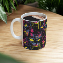 Freaky Neon Halloween Cat Pattern Ceramic Mug 11oz