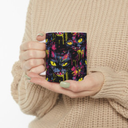 Freaky Neon Halloween Cat Pattern Ceramic Mug 11oz