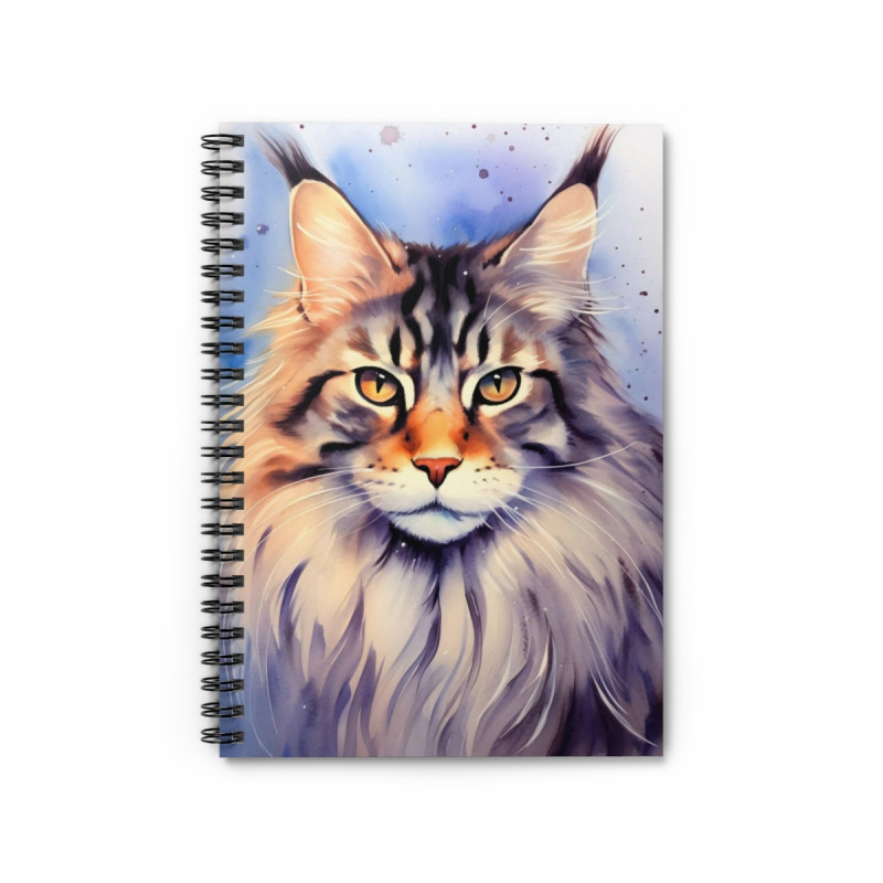 Watercolor Maine Coon Cat Spiral Notebook - Ruled Line, 8" x 6"