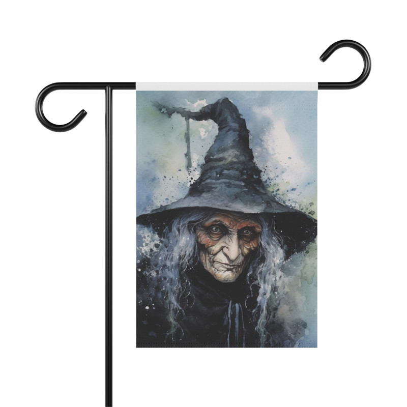 Halloween Crone Witch in a Crooked Hat Garden & House  Flag Banner